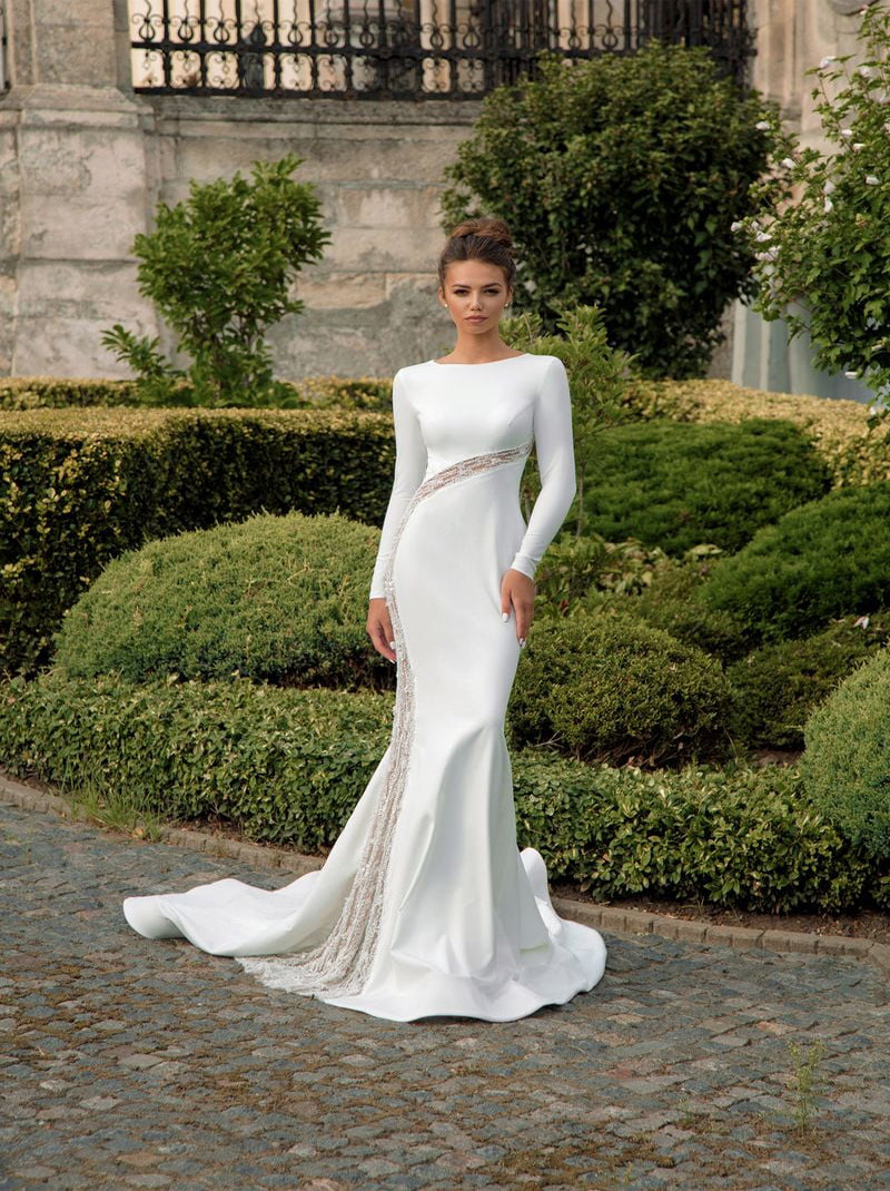 Simple & Elegant Mermaid Wedding Dresses Scoop Long Sleeves Beads Satin Sweep Train Bridal Gowns Custom Made