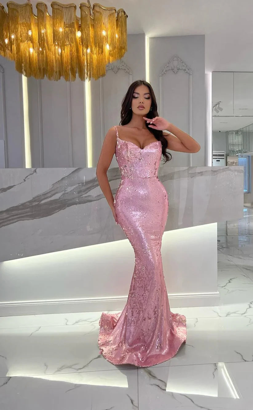 RP2012-Sparkling Pink Mermaid Spaghetti Sequins Crystals Sleeveless Prom Evening Dresses Formal Party Gowns With Train