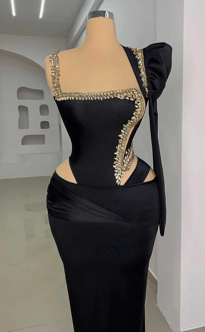 RP911-New Black Mermaid One Shoulder Ruched Crystals One Long Sleeve Prom Evening Dresses Formal Party Gowns