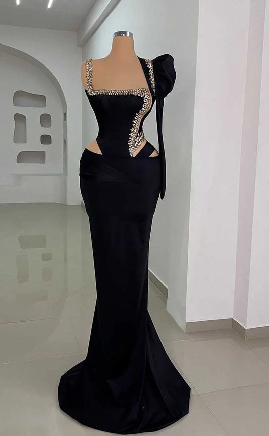 RP911-New Black Mermaid One Shoulder Ruched Crystals One Long Sleeve Prom Evening Dresses Formal Party Gowns