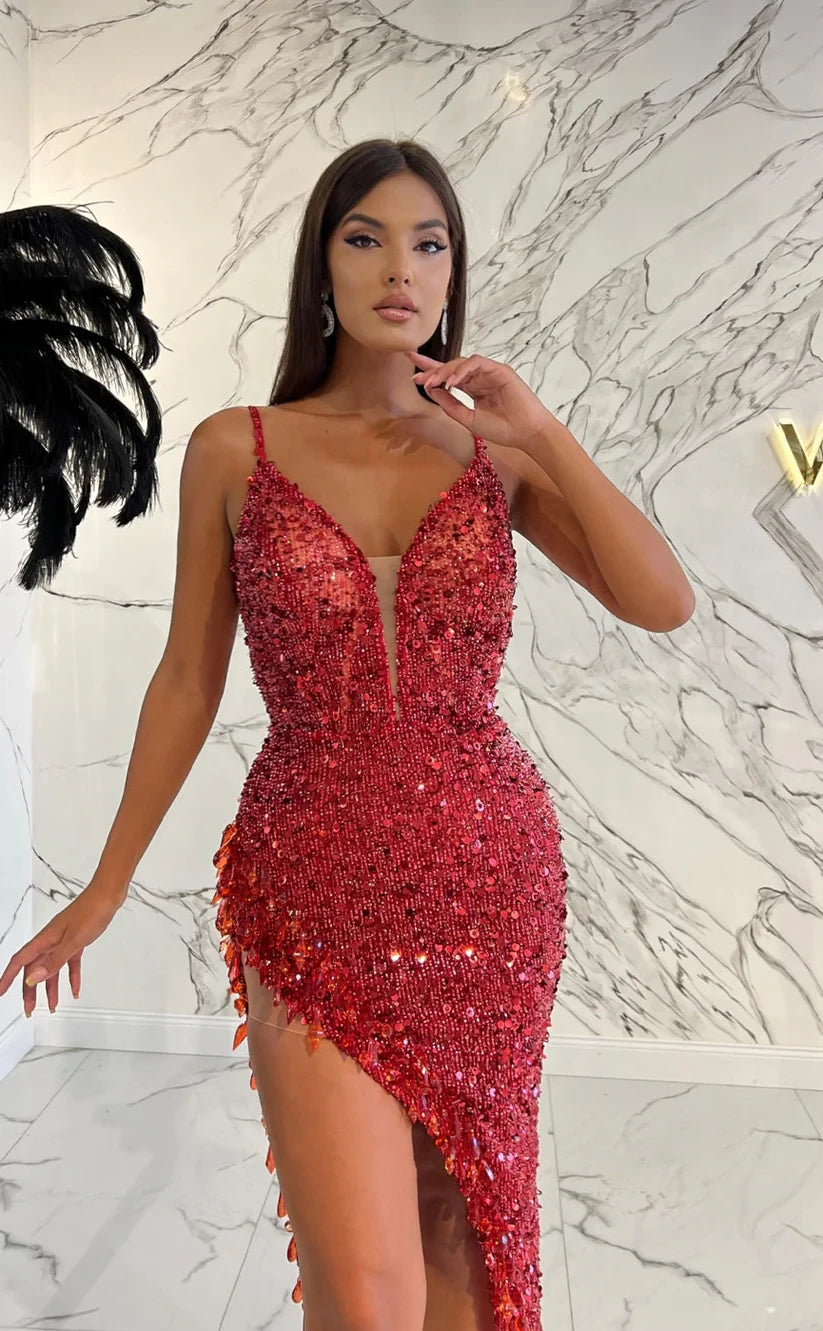 RP2007-Sparkling Red Mermaid Spaghetti Beaded Crystals Sleeveless Sequins Prom Evening Dresses Formal Party Gowns With Slit