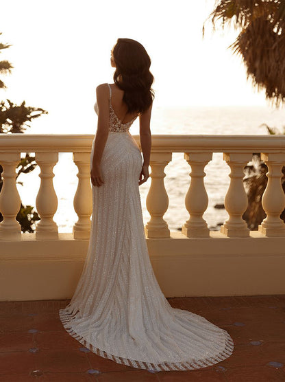 Sparkling Mermaid Wedding Dresses Spaghetti Sleeveless Beads Tulle Sweep Train Bridal Gowns