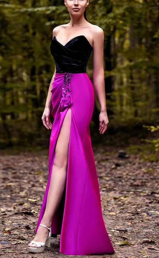 RP902-New Fuchsia Mermaid Sweetheart Beads Sleeveless Long Prom Evening Dresses Formal Prom With Slit