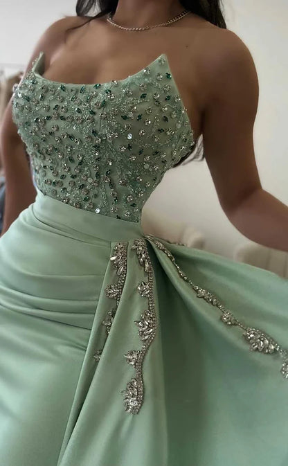 RP2006-Gorgeous Mermaid Strapless Crystals Beaded Sleeveless Prom Evening Dresses Formal Party Gowns With Train