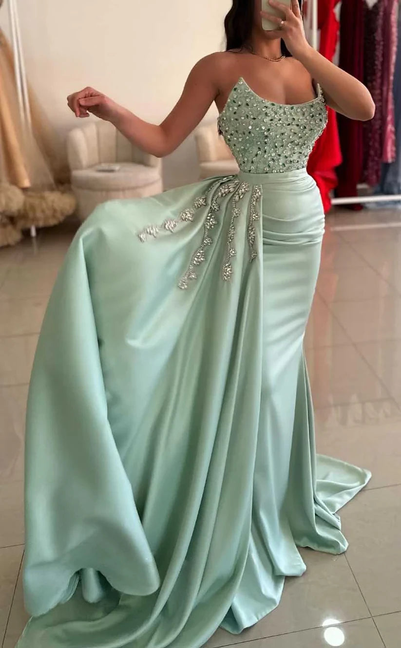 RP2006-Gorgeous Mermaid Strapless Crystals Beaded Sleeveless Prom Evening Dresses Formal Party Gowns With Train