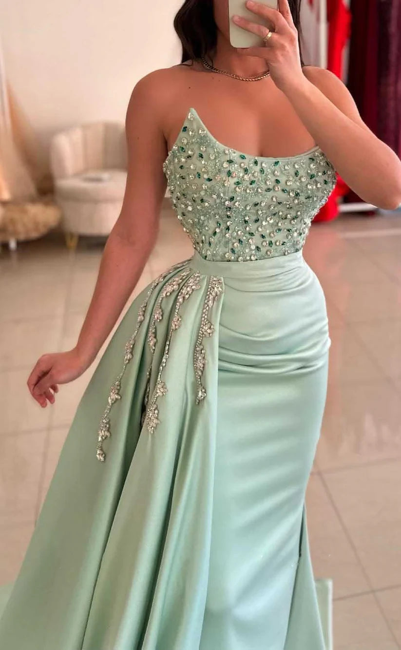 RP2006-Gorgeous Mermaid Strapless Crystals Beaded Sleeveless Prom Evening Dresses Formal Party Gowns With Train