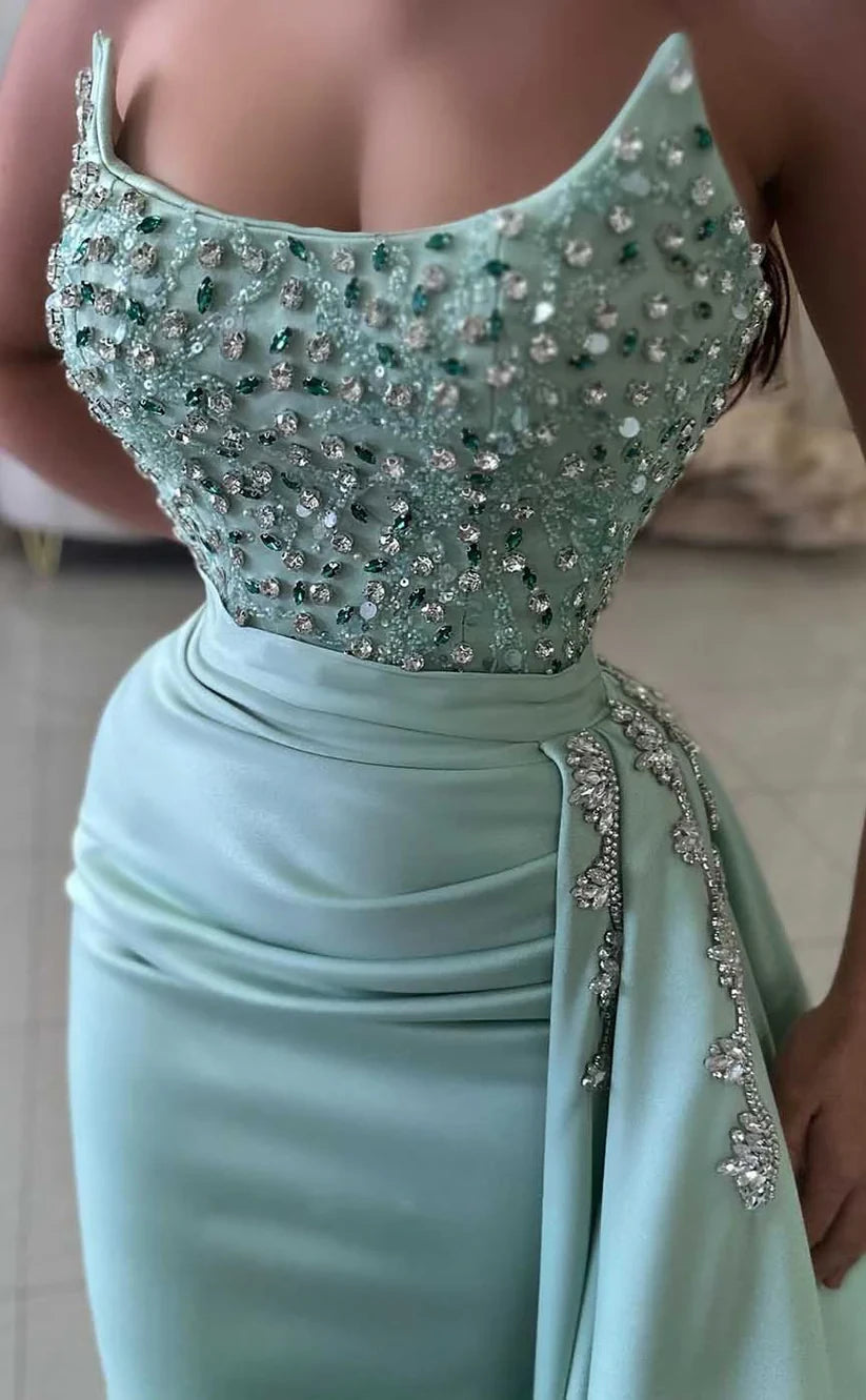 RP2006-Gorgeous Mermaid Strapless Crystals Beaded Sleeveless Prom Evening Dresses Formal Party Gowns With Train