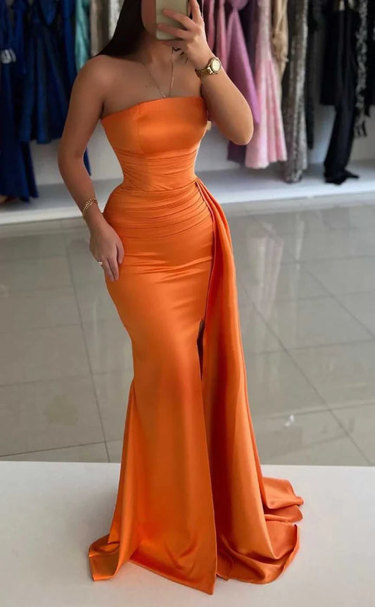 RP898-New Orange Mermaid Strapless Sleeveless Long Prom Evening Dresses Formal Prom With Slit