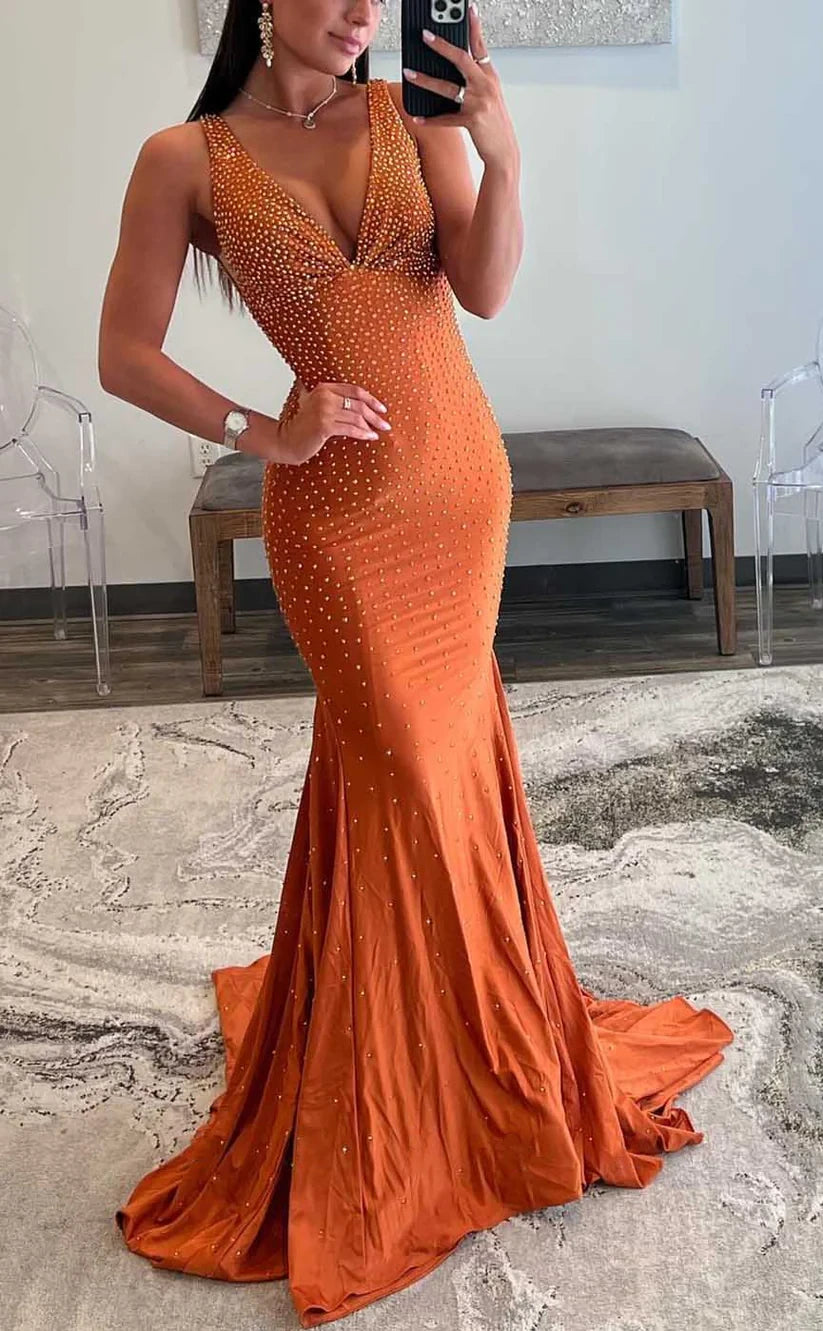 RP897-New Orange Mermaid V-Neck Beads Sleeveless Long Prom Evening Dresses Formal Party Gowns