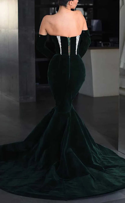 RP896-Sexy Black Mermaid Strapless Beads Velvet Long Sleeves Prom Evening Dresses Formal Party Gowns