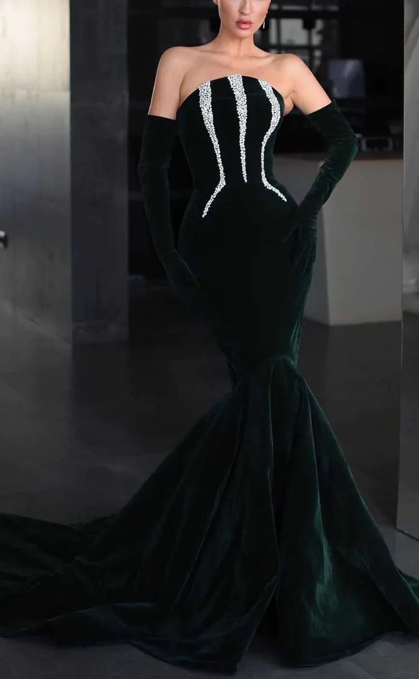 RP896-Sexy Black Mermaid Strapless Beads Velvet Long Sleeves Prom Evening Dresses Formal Party Gowns