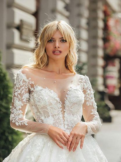 Elegant Ball Gown Wedding Dresses Illusion Scoop Appliques Beads Long Sleeves Lace Up Sweep Train Organza Bridal Gowns