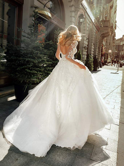 Elegant Ball Gown Wedding Dresses Illusion Scoop Appliques Beads Long Sleeves Lace Up Sweep Train Organza Bridal Gowns