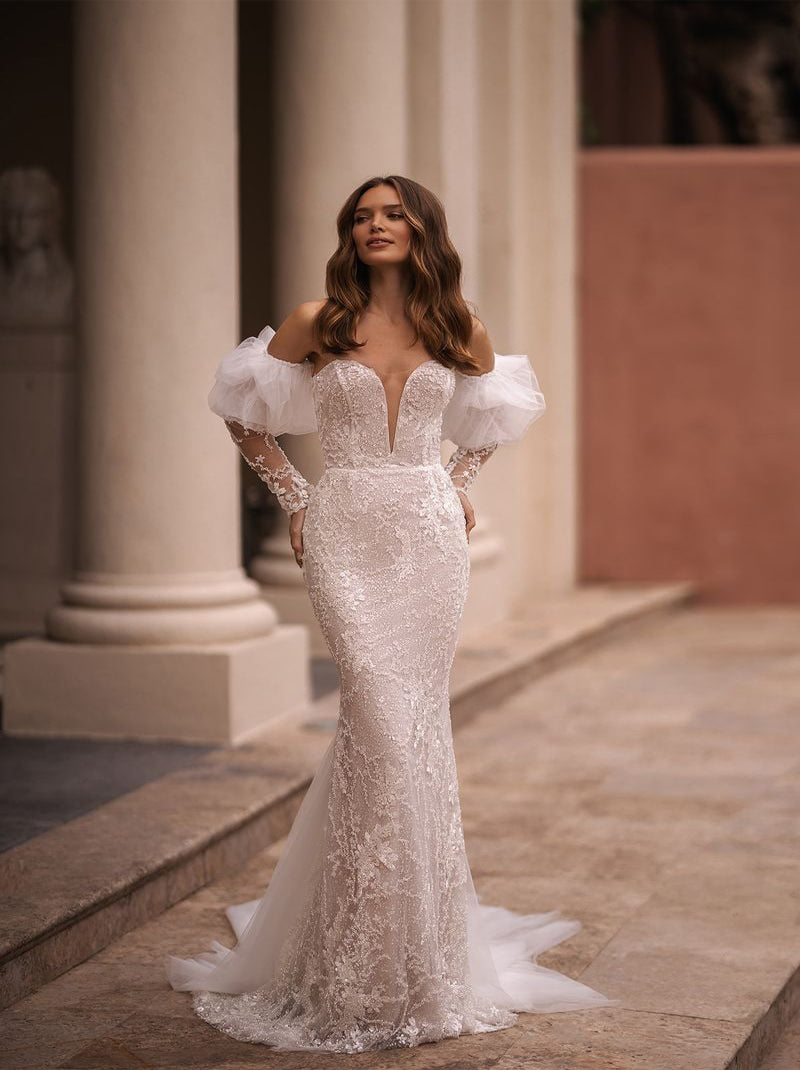 Gorgeous Mermaid Wedding Dresses Sweetheart Sequins Appliqued Detachable Long Sleeves Tulle Sweep Train Bridal Gowns Custom Made