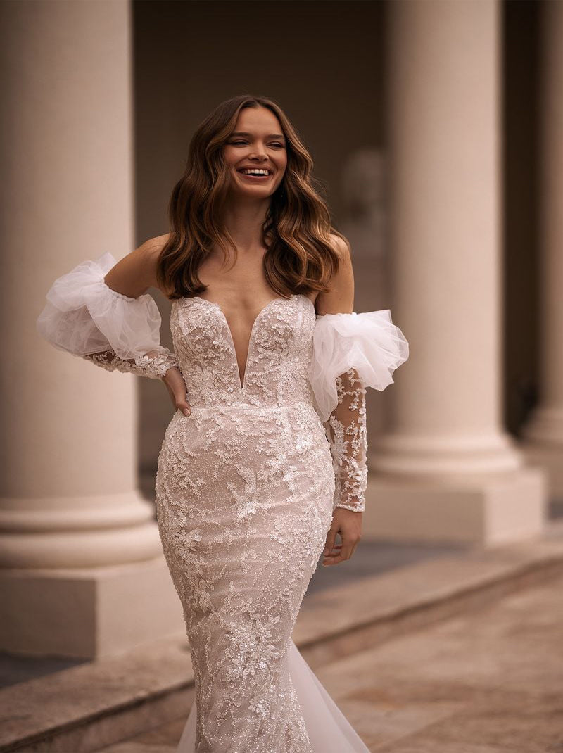 Gorgeous Mermaid Wedding Dresses Sweetheart Sequins Appliqued Detachable Long Sleeves Tulle Sweep Train Bridal Gowns Custom Made