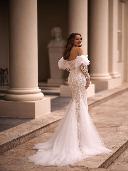 Gorgeous Mermaid Wedding Dresses Sweetheart Sequins Appliqued Detachable Long Sleeves Tulle Sweep Train Bridal Gowns Custom Made