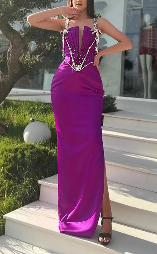 RP1974-Gorgeous Purple Mermaid Spaghetti Pleated Crystals Sleeveless Satin Prom Evening Dresses Formal Party Gowns With Slit