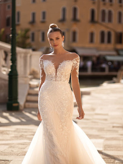 Elegant Mermaid Wedding Dresses Scoop Beads Appliqued Long Sleeves Tulle Sweep Train Bridal Gowns Custom Made