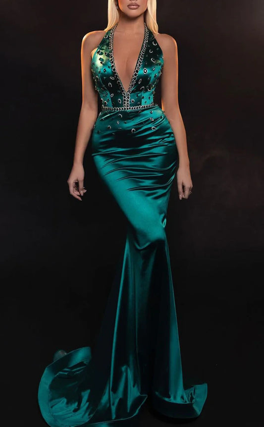 RP1977-Gorgeous Green Mermaid V-Neck Crystals Sleeveless Satin Prom Evening Dresses Formal Party Gowns  With Train