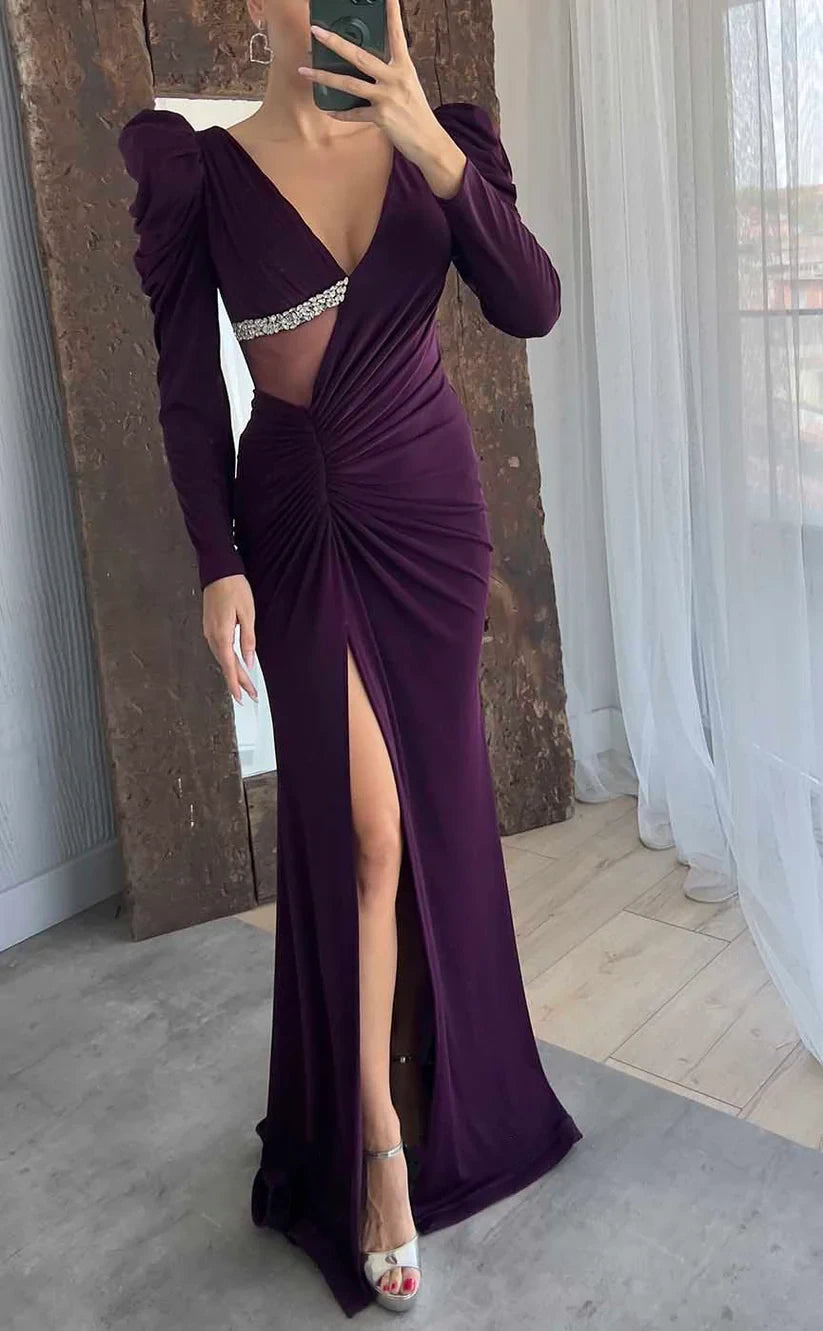 RP971-Simple Purple Mermaid V-Neck Beads Ruched Long Sleeves Prom Evening Dresses Formal Party Gowns With Slit