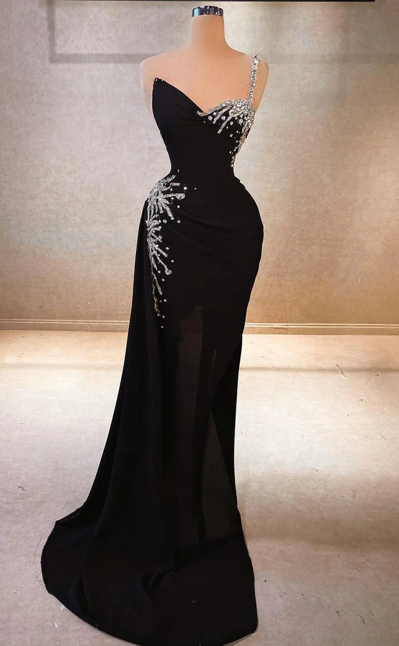 RP975-Unique Black Mermaid One Shoulder Beaded Crystals Sleeveless Chiffon Prom Evening Dresses Formal Party Gowns