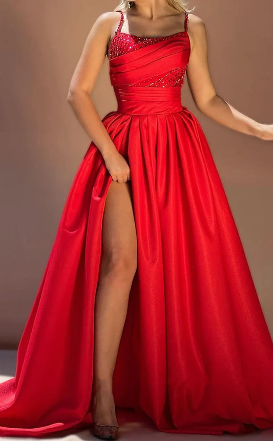 RP978-New Red A-Line Spaghetti Ruched Crystals Sleeveless Prom Evening Dresses Formal Party Gowns With Slit