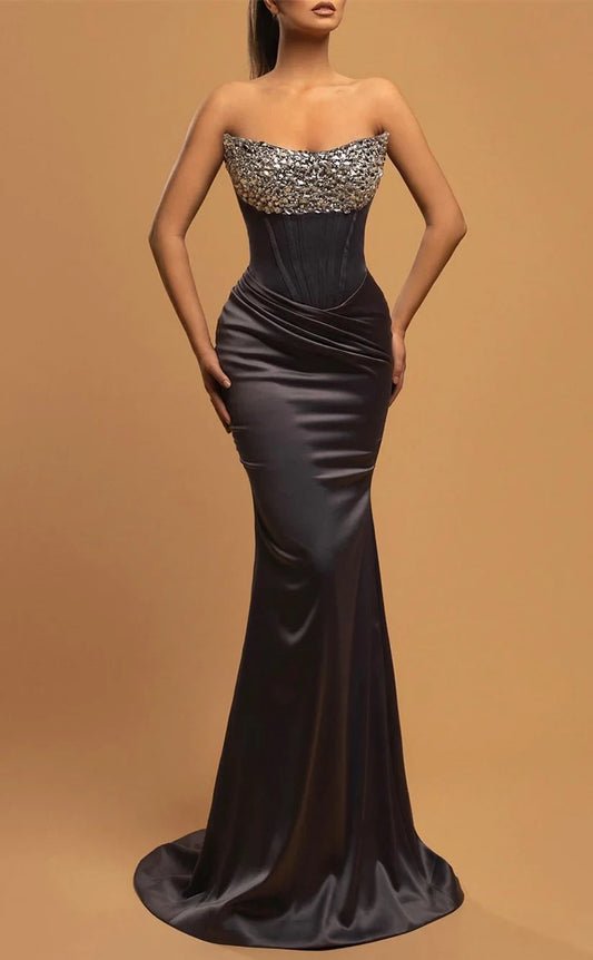 RP974-Unique Grey Mermaid Sweetheart Pleated Crystals Sleeveless Prom Evening Dresses Formal Party Gowns