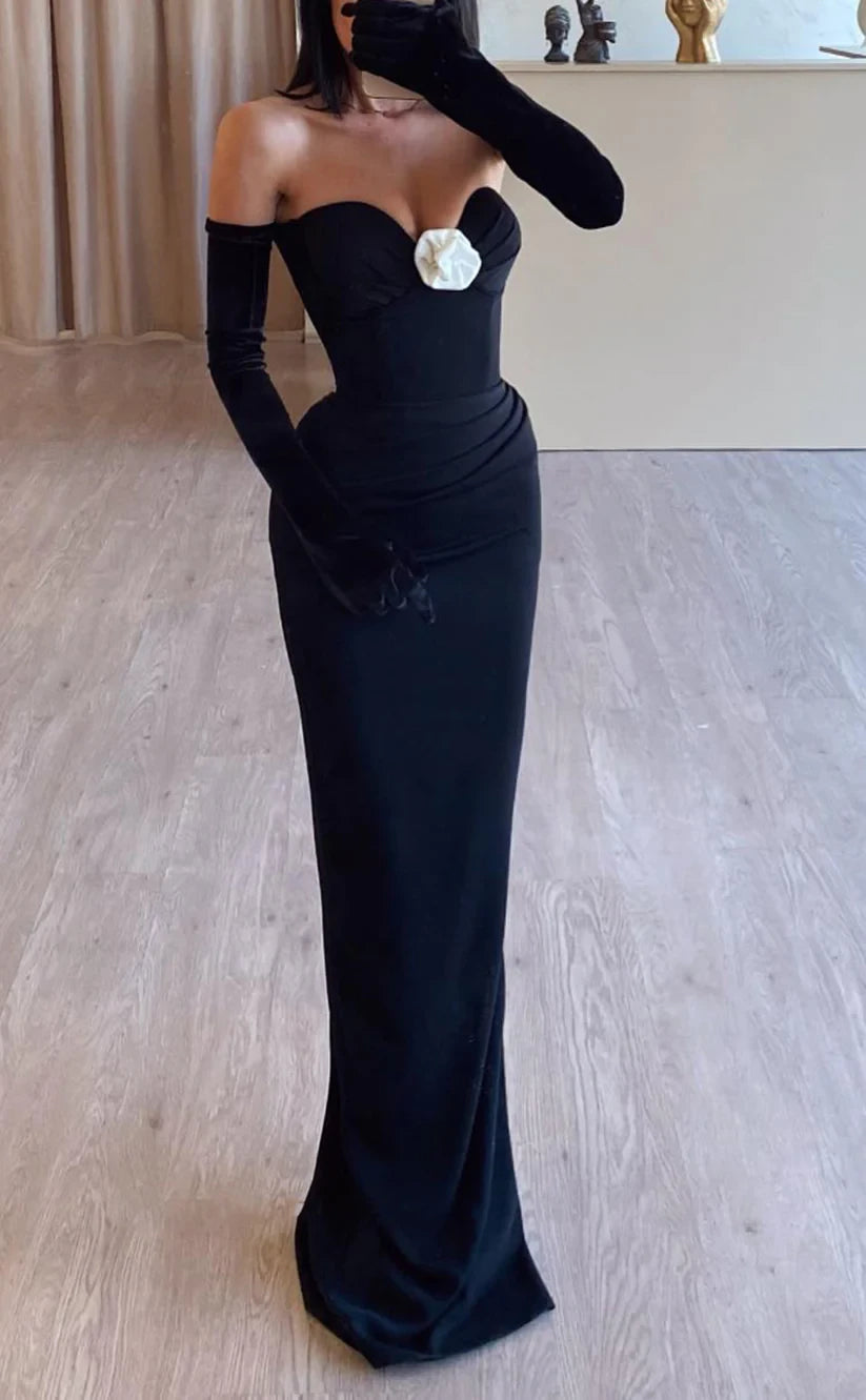 RP2004-Elegant Black Mermaid Sweetheart Pleated Flower Long Sleeves Chiffon Prom Evening Dresses Formal Party Gowns