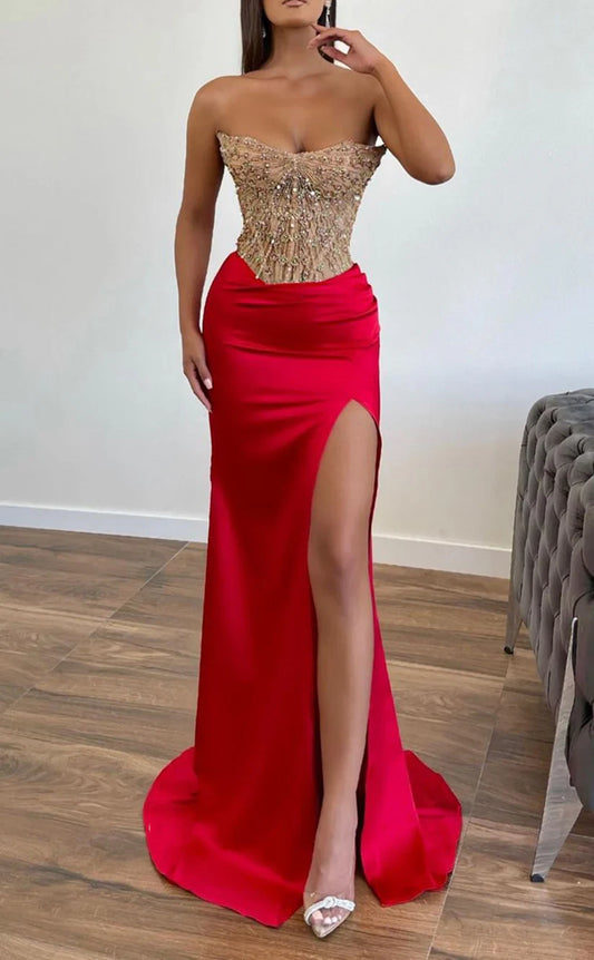 RP2005-Gorgeous Red Mermaid Strapless Beaded Sequins Sleeveless Satin Prom Evening Dresses Formal Party Gowns With Slit