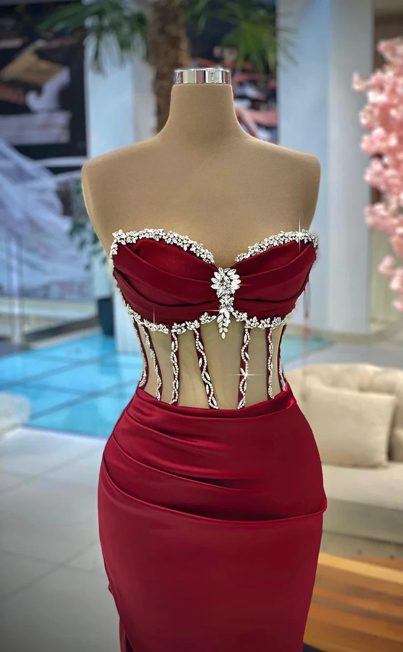 RP972-Unique Burgundy Mermaid Sweetheart Pleated Beads Crystals Sleeveless Prom Evening Dresses Formal Party Gowns