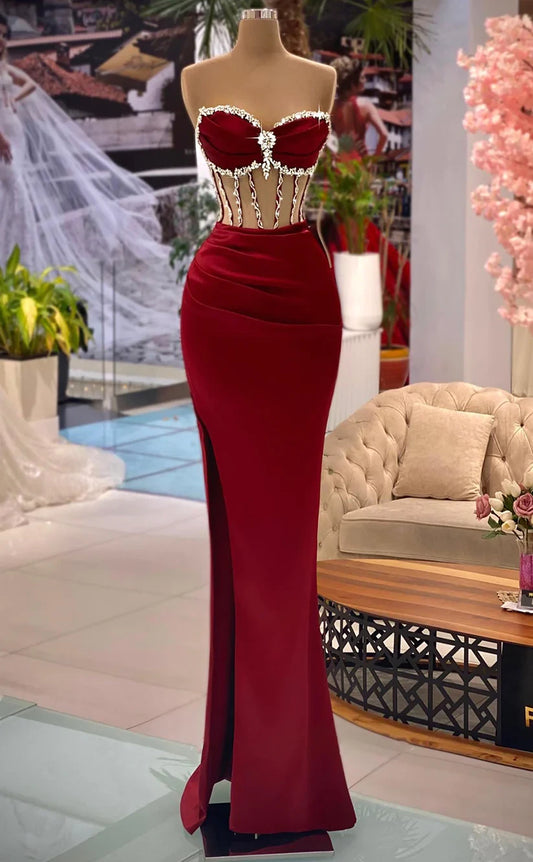 RP972-Unique Burgundy Mermaid Sweetheart Pleated Beads Crystals Sleeveless Prom Evening Dresses Formal Party Gowns