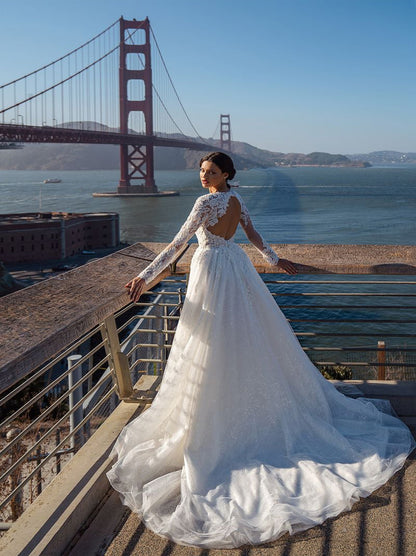 Elegant A-Line Wedding Dresses V-Neck Beads Appliqued Long Sleeves Tulle Court Train Bridal Gowns Custom Made