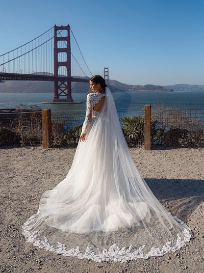 Elegant A-Line Wedding Dresses V-Neck Beads Appliqued Long Sleeves Tulle Court Train Bridal Gowns Custom Made