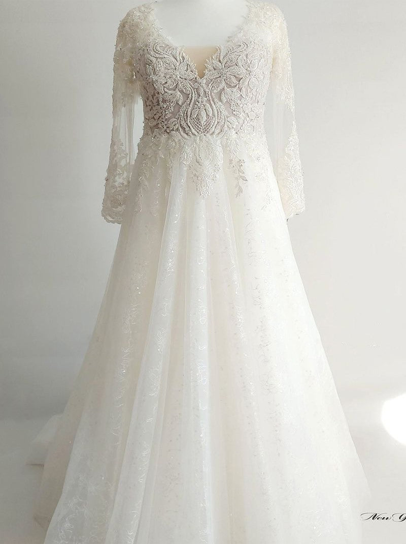 Elegant A-Line Wedding Dresses V-Neck Beads Appliqued Long Sleeves Tulle Court Train Bridal Gowns Custom Made