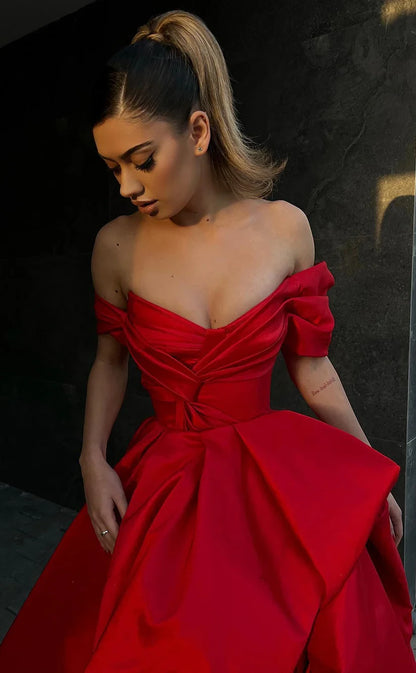 RP1993-Gorgeous A-Line Off-the-Shoulder Pleated Sleeveless Satin Prom Evening Dresses Formal Party Gowns With Slit