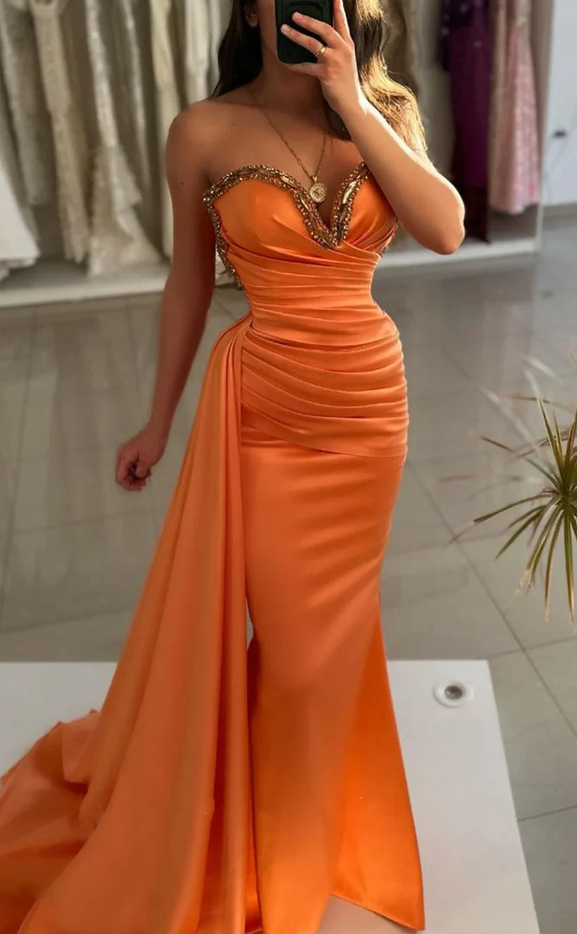 RP1992-Gorgeous Orange Mermaid Sweetheart Beaded Pleated Sleeveless Prom Evening Dresses Formal Party Gowns With Train