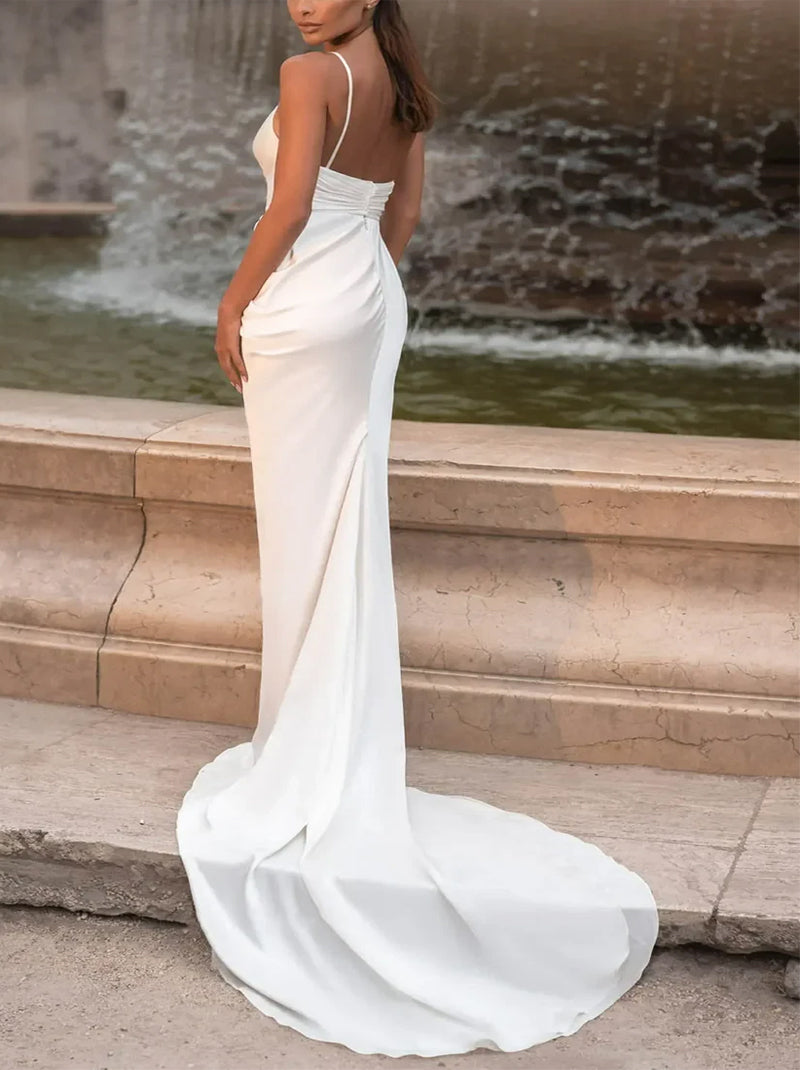 Charming & Sexy Mermaid Wedding Dresses Spaghetti Pleated Tassels Satin Sweep Train Bridal Gowns Custom With Slit