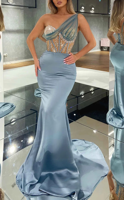 RP1983-Unique Navy Blue Mermaid One Shoulder Beaded Crystals Sleeveless Satin Prom Evening Dresses Formal Party Gowns With Train