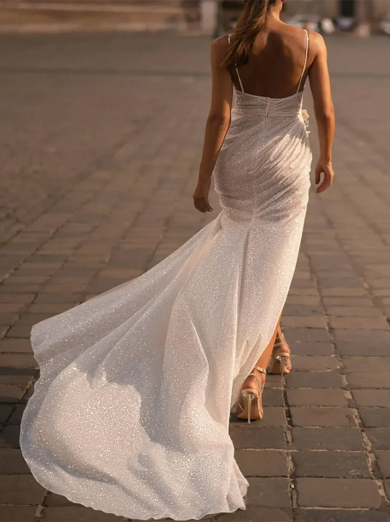 Charming & Sexy Mermaid Wedding Dresses Spaghetti Pleated Tulle Sweep Train Bridal Gowns Custom With Slit