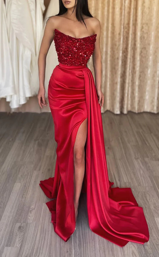 RP985-Sparkling Red Strapless Beads Sequins Sleeveless Long Prom Evening Dresses Formal Party Gowns With Slit