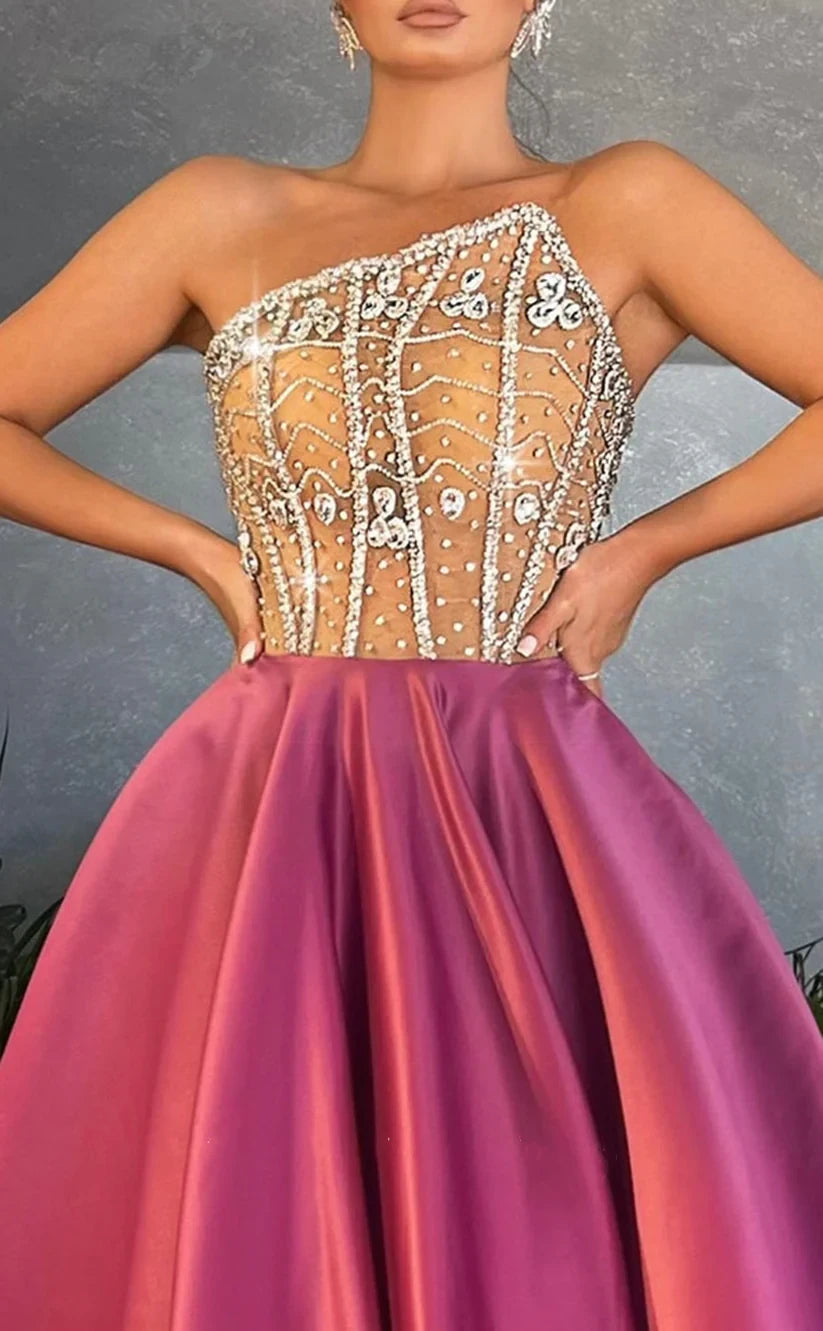 RP1985-Gorgeous A-Line Strapless Crystals Beaded Sleeveless Satin Prom Evening Dresses Formal Party Gowns With Train