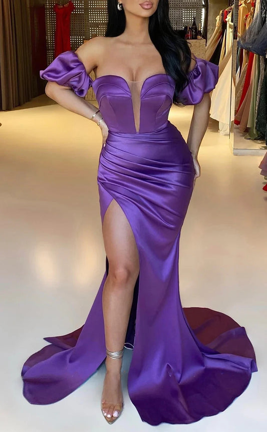 RP1987-Elegant Purple Mermaid Off-the-Shoulder Pleated Sleeveless Satin Prom Evening Dresses Formal Party Gowns With Slit