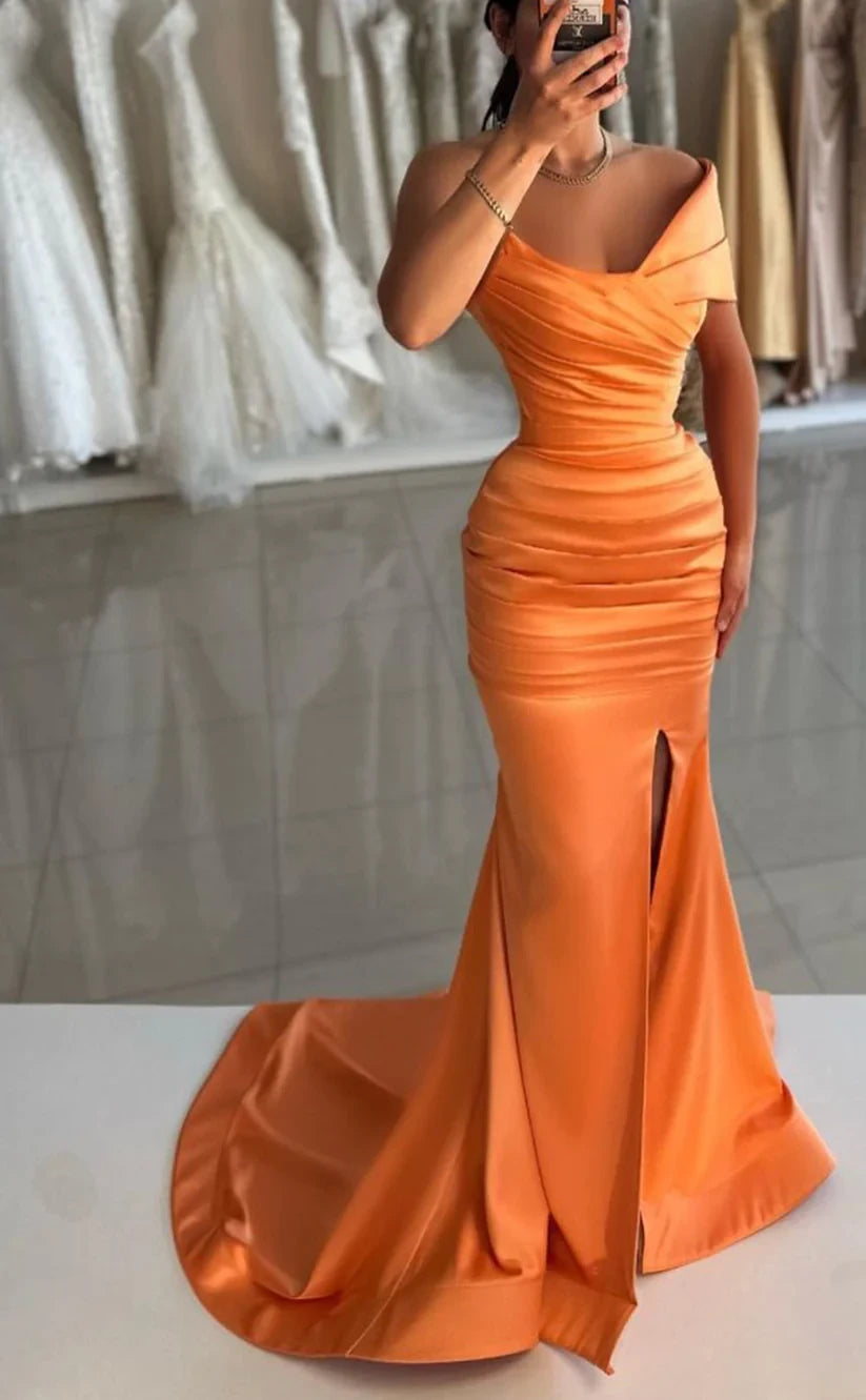 RP933-New Orange Mermaid One Shoulder Ruched Sleeveless Prom Evening Dresses Formal Party Gowns With Slit