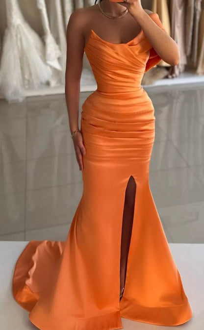 RP933-New Orange Mermaid One Shoulder Ruched Sleeveless Prom Evening Dresses Formal Party Gowns With Slit