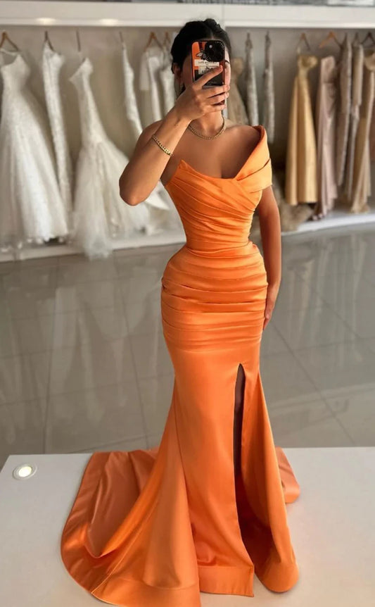 RP933-New Orange Mermaid One Shoulder Ruched Sleeveless Prom Evening Dresses Formal Party Gowns With Slit