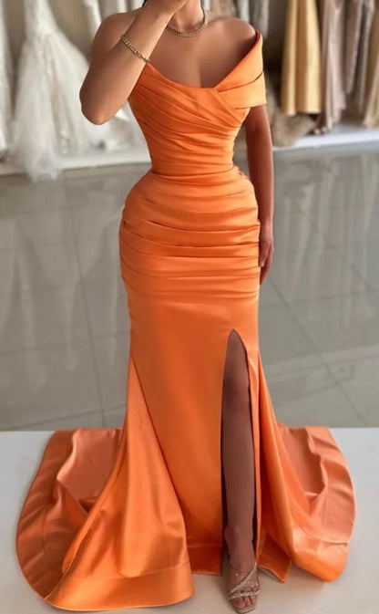 RP933-New Orange Mermaid One Shoulder Ruched Sleeveless Prom Evening Dresses Formal Party Gowns With Slit