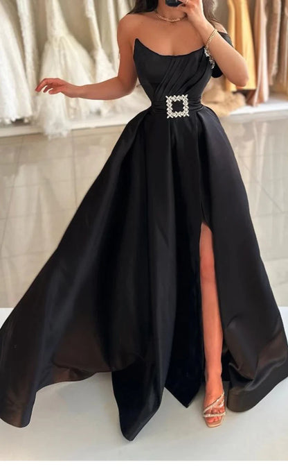 RP934-New Black A-Line One Shoulder Ruched Crystals Sleeveless Prom Evening Dresses Formal Party Gowns With Slit