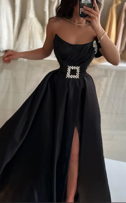 RP934-New Black A-Line One Shoulder Ruched Crystals Sleeveless Prom Evening Dresses Formal Party Gowns With Slit