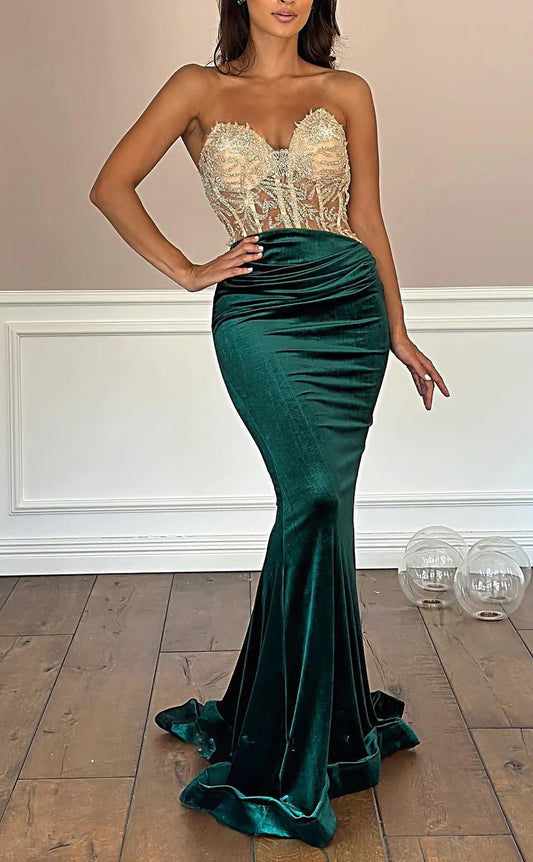 RP1990-Gorgeous Green Mermaid Sweetheart Appliqued Beaded Sleeveless Satin Prom Evening Dresses Formal Party Gowns With Train