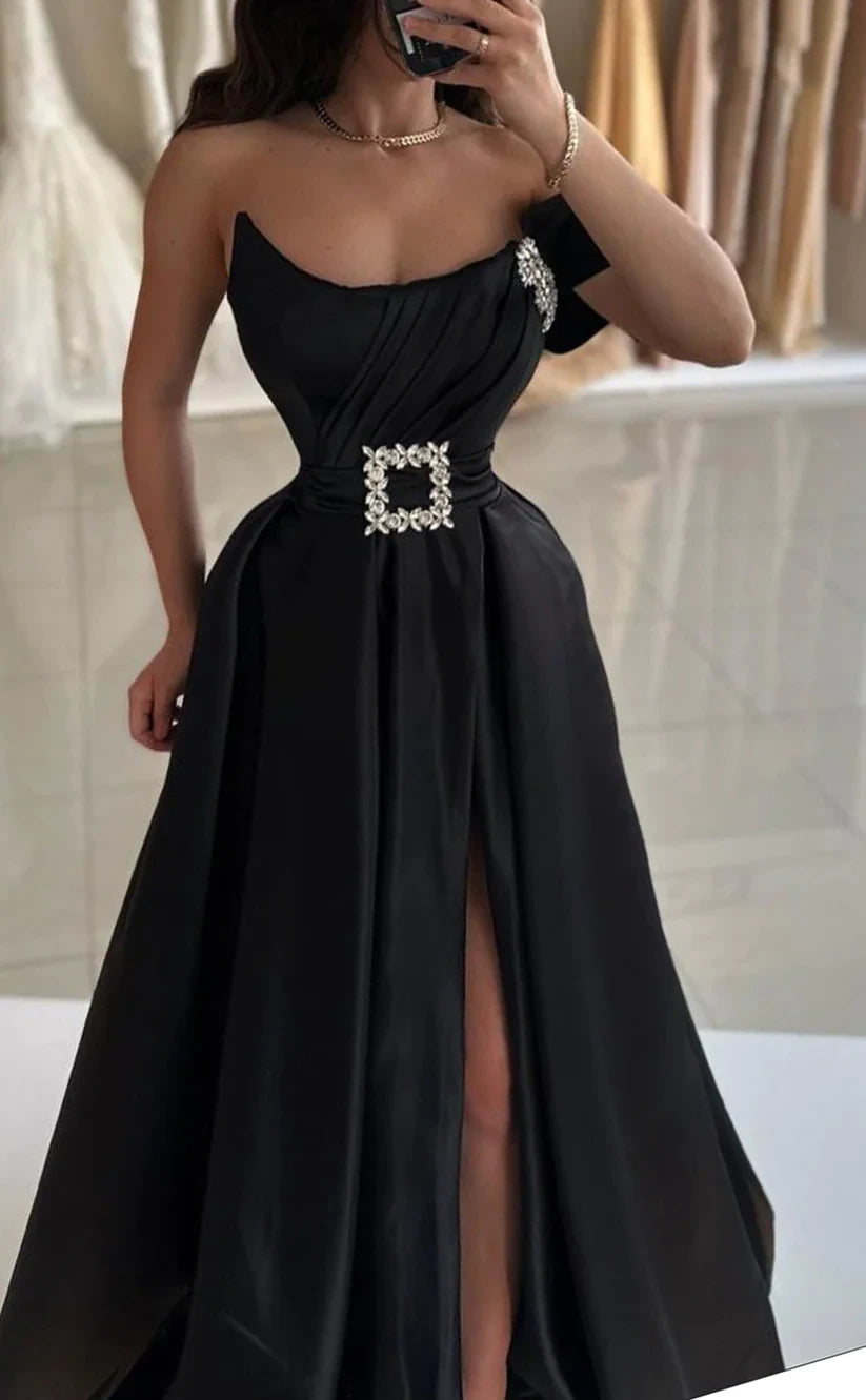 RP934-New Black A-Line One Shoulder Ruched Crystals Sleeveless Prom Evening Dresses Formal Party Gowns With Slit